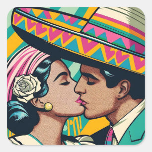 Retro Mexican Kiss Festive Fiesta Sombrero Quadratischer Aufkleber