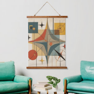 Retro-Mid-Century-Atom-Geometrisches Muster Wandteppich Mit Holzrahmen
