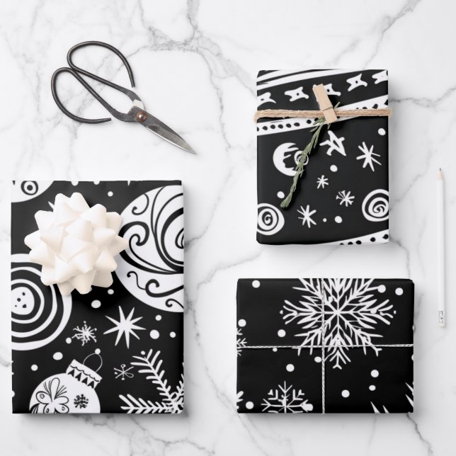 Retro Mid-Century Black & White Ornament Geschenkpapier Set (Vorderseite)