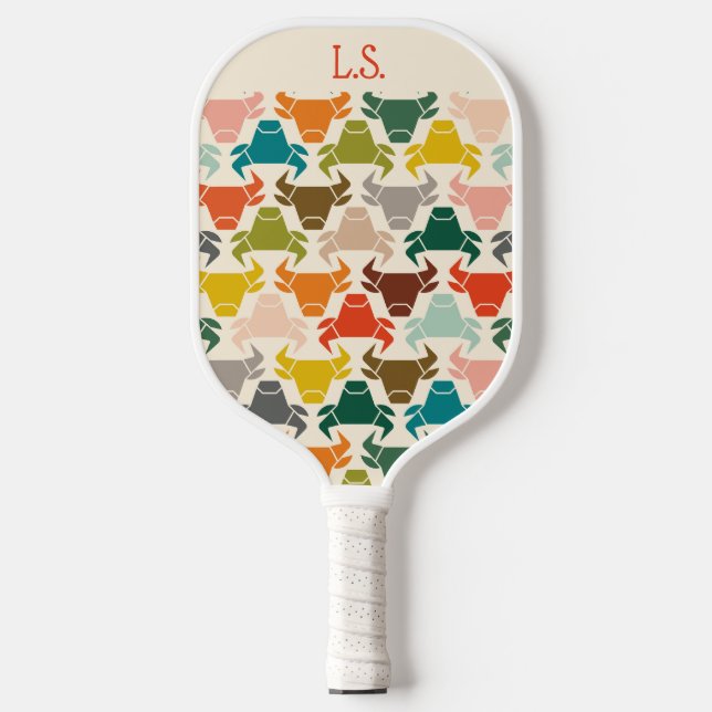 Retro-Mid-Century-Bulle-Muster mit Monogramm Pickleball Schläger (Vorderseite)