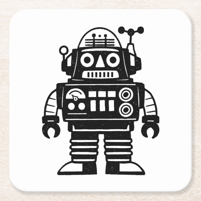 Retro-Mid-Century-inspirierter Roboter Rechteckiger Pappuntersetzer (Vorderseite)