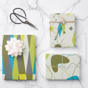 Retro Mid Century Mod Atom Space Age Blue Green Geschenkpapier Set