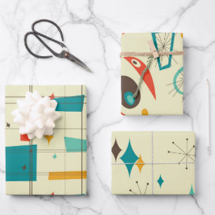 Retro Mid Century Mod Atome Age Aquamarin Red Geschenkpapier Set