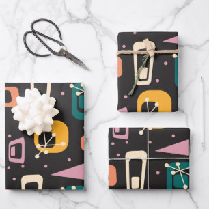 Retro Mid Century Mod Atomspace Age Black Geschenkpapier Set