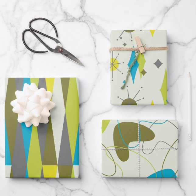 Retro Mid Century Mod Atomspace Age Blue Green Geschenkpapier Set (Vorderseite)