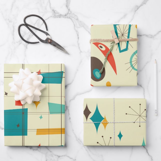 Retro Mid Century Mod Atomzeitalter Aquamarin Red Geschenkpapier Set (Vorderseite)