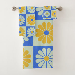 Retro Mid Century Mod Blume in Blau und Gelb Badhandtuch Set