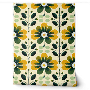 Retro-Mid-Century-Modern-Blumenmuster Gelbgrün 70e Tapete