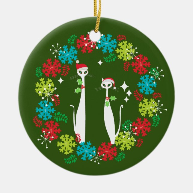 Retro Mid Century Modern Cool Cat Christmas Wreath Keramik Ornament (Vorne)