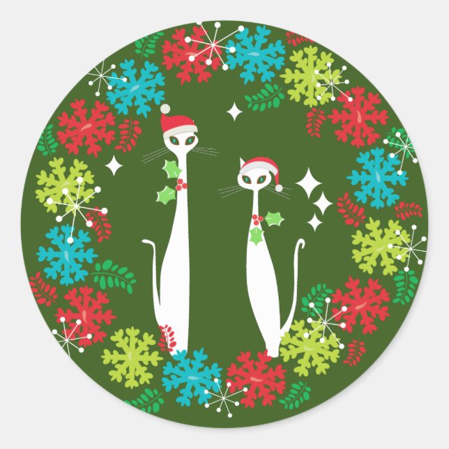Retro Mid Century Modern Cool Cat Christmas Wreath Runder Aufkleber (Vorderseite)