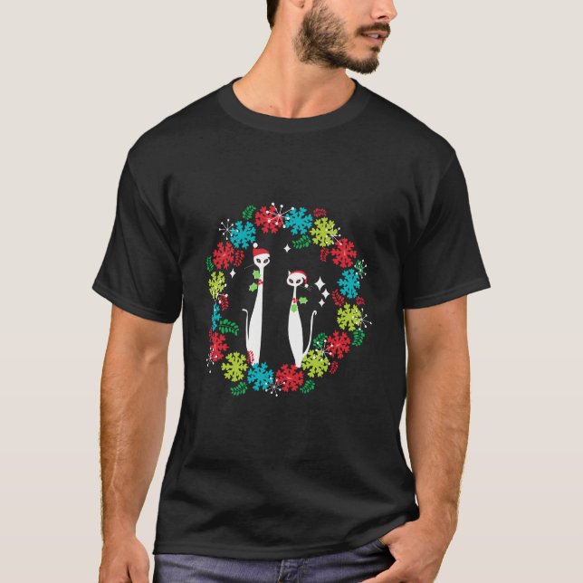 Retro Mid Century Modern Cool Cat Christmas Wreath T-Shirt (Vorderseite)