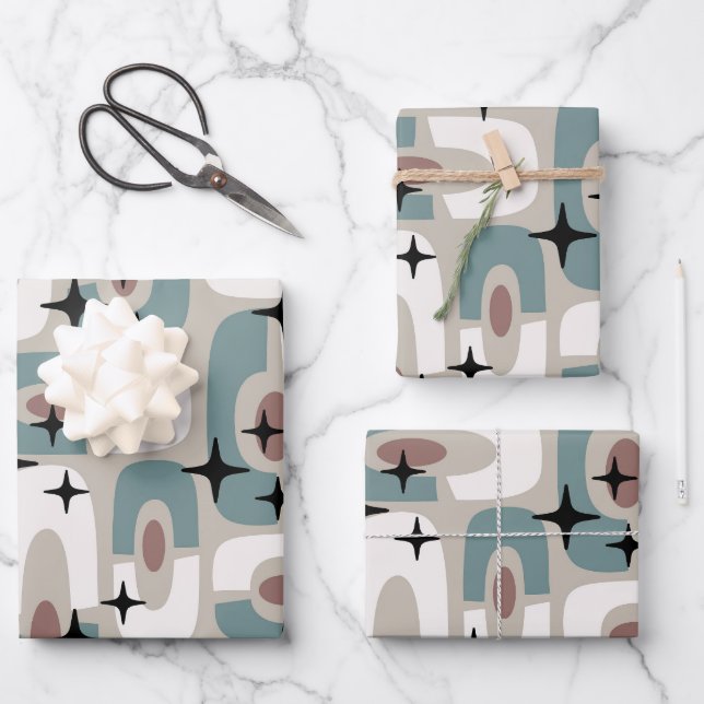 Retro Mid Century Modern Cosmic Abstract Pattern Geschenkpapier Set (Vorderseite)