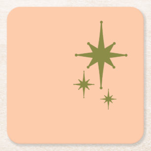 Retro-Mid-Century-Modern-Stern-Trio-Oliv-und-Rosa Rechteckiger Pappuntersetzer