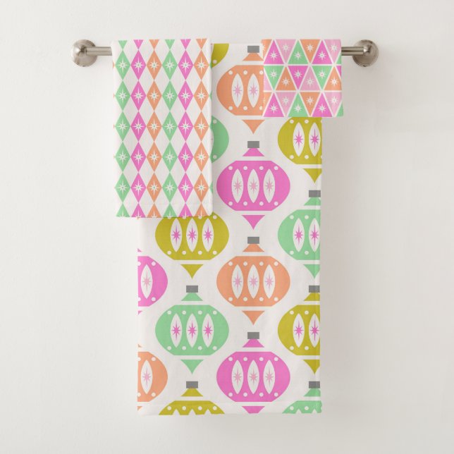 Retro Mid Century Ornaments Peach Green Christmas Badhandtuch Set (Insitu)