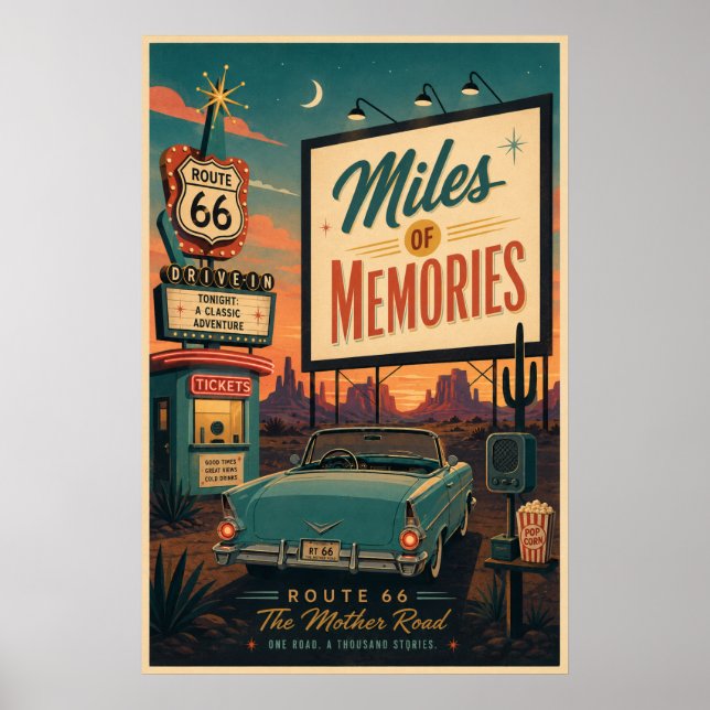 Retro Mid Century Route 66 Drive In Poster (Vorne)