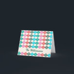 Retro Mid Mod Atomic Pattern farbenfroh Personalis Feiertagskarte<br><div class="desc">Retro Vintager Stil Mitte des Jahrhunderts moderne atomare Muster in grün,  rot und rosa,  personalisiert mit Ihrem Namen.</div>