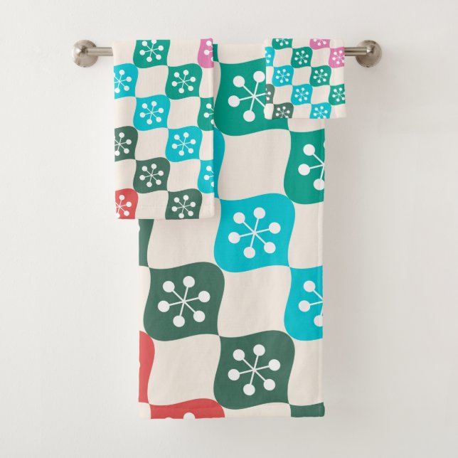Retro Mid Mod Atomic Pattern farbenfrohe Weihnacht Badhandtuch Set (Insitu)