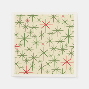 Retro Mid Mod Christmas Stars Olive Red Creme Serviette