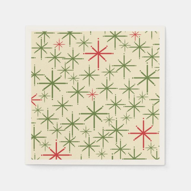 Retro Mid Mod Christmas Stars Olive Red Creme Serviette (Vorderseite)