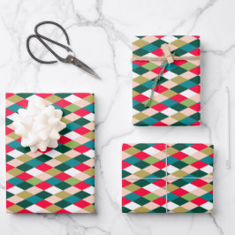 Retro Midcentury Harlequin Diamond Christmas Color Geschenkpapier Set