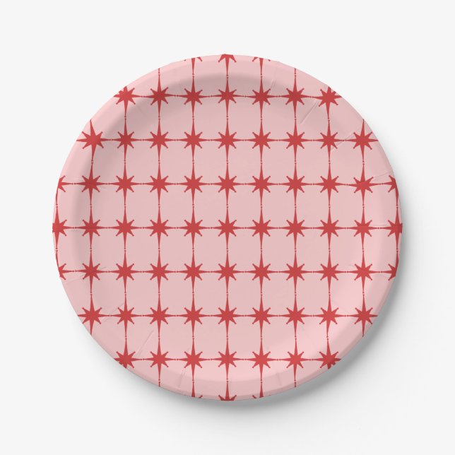 Retro Midcentury Modern Sternenexplosionen Rot und Pappteller (Vorderseite)