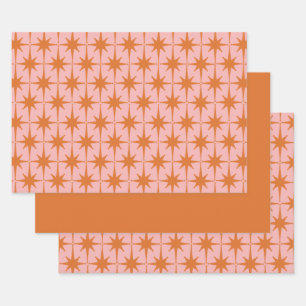 Retro-Midcentury-Starbursts-Muster Rosa und Orange Geschenkpapier Set