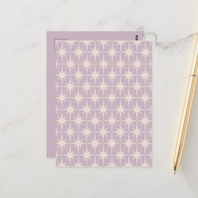 Retro Midjahrhundert 50er Star Pattern in Lilac Postkarte (Vorderseite/Rückseite Beispiel)