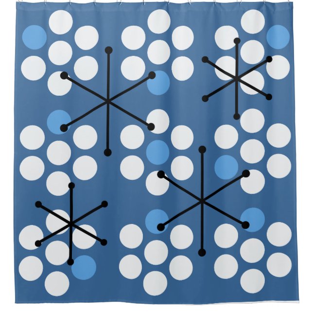 Retro Midjahrhundert MCM Dots Blue Duschvorhang (Vorderseite)