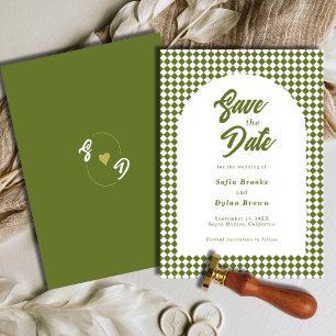 Retro-Minimalist Oliven-grüne Bogen Karo Hochzeit Save The Date