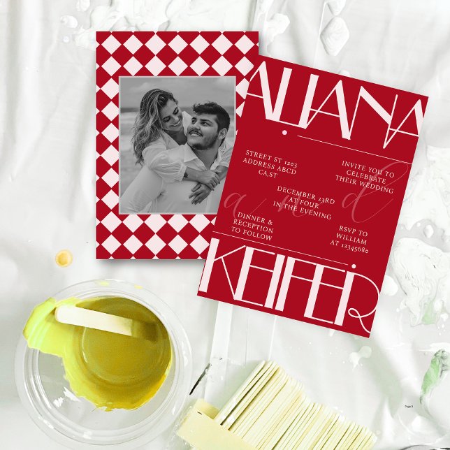 Retro Minimalistisch geprüfte Muster Red Wedding Einladung (Von Creator hochgeladen)
