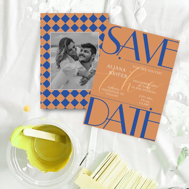 Retro Minimalistisches Prüfmuster Blaue Hochzeit Save The Date (Von Creator hochgeladen)