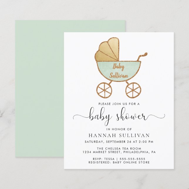 Retro Mint Carriage Baby Shower Einladung (Vorne/Hinten)