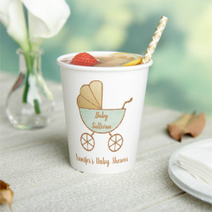 Retro Mint Green Carriage Baby Dusche Pappbecher
