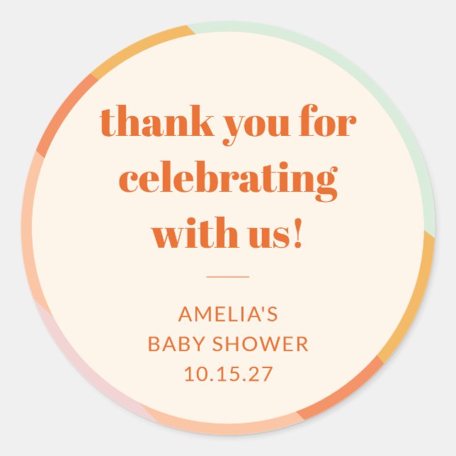 Retro Mint Orange Streifen Custom Baby Dusche Dank Runder Aufkleber (Vorderseite)