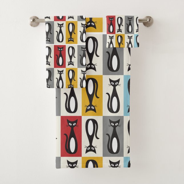 Retro Mitte 20. Jahrhundert schwarzes Katzendesign Badhandtuch Set (Insitu)