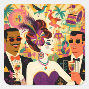 Retro-Mitte-des-Jahrhunderts 60er Mardi Gras Cockt Quadratischer Aufkleber