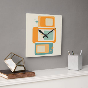 Retro-Mitte-des-Jahrhunderts-Geometrisch-Abstrakt- Quadratische Wanduhr