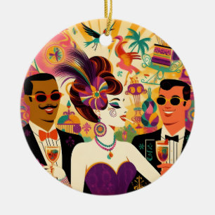 Retro-Mitte-des-Jahrhunderts Mardi-Gras-Cocktailpa Keramik Ornament