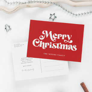 Retro-Mitte-des-Jahrhunderts-Rot-Frohe-Weihnachten Feiertagspostkarte