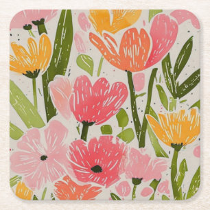 Retro Mitte Jahrhundert Modernes Blumendesign Rechteckiger Pappuntersetzer