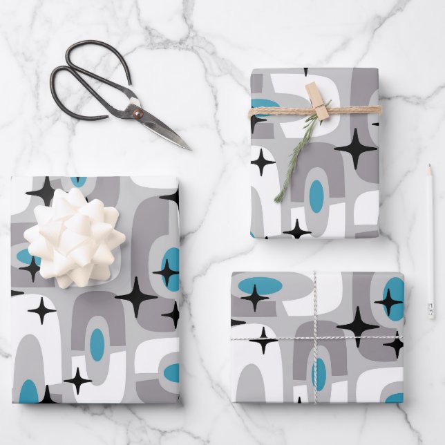 Retro Mitte Jahrhundert Modernes kosmisches Abstra Geschenkpapier Set (Vorderseite)