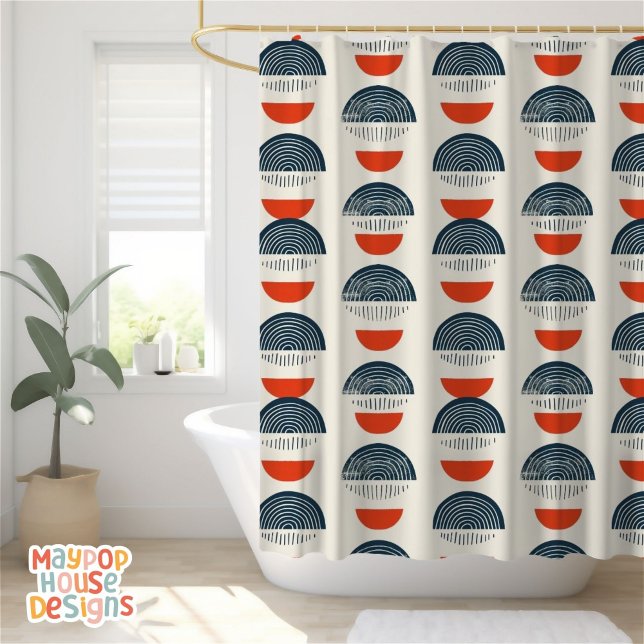 Retro Mitte Jahrhundert Modernes Marinerot Abstrak Duschvorhang (mid century modern shower curtain bathroom decor)
