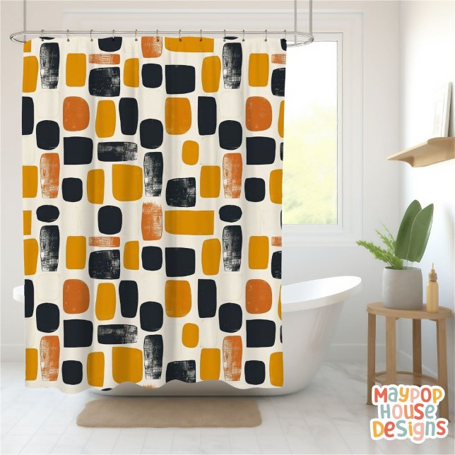 Retro Mitte Jahrhundert Modernes Orange Schwarz Ab Duschvorhang (mid century modern shower curtain bathroom decor)