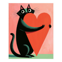 Retro-Mittelalterliche schwarze Katze umarmt Herz
