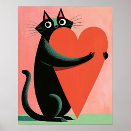Retro-Mittelalterliche schwarze Katze umarmt Herz Poster