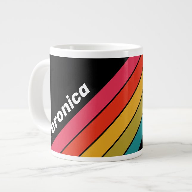 Retro Mitternachts-Regenbogen-Gestreift mit Namen Jumbo-Tasse (Vorderseite Links)