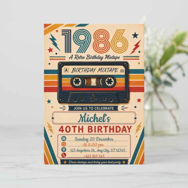 Retro-Mixtape zum 40. Geburtstag  Einladung (Stehend Vorderseite)