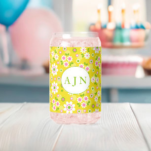 Retro-Mod-Blume Gelb-Weiß-Monogramm Dosenglas