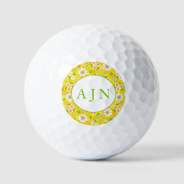 Retro-Mod-Blume Gelb-Weiß-Monogramm Golfball (Vorderseite)
