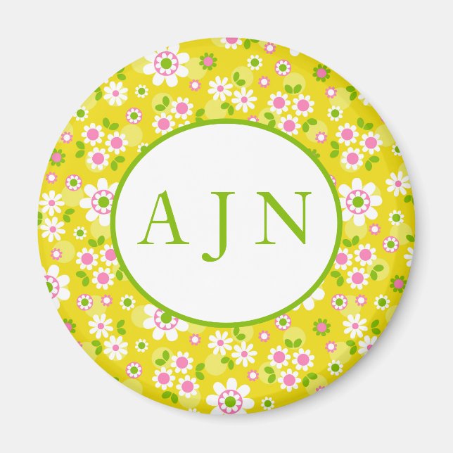 Retro-Mod-Blume Gelb-Weiß-Monogramm Magnet (Vorne)
